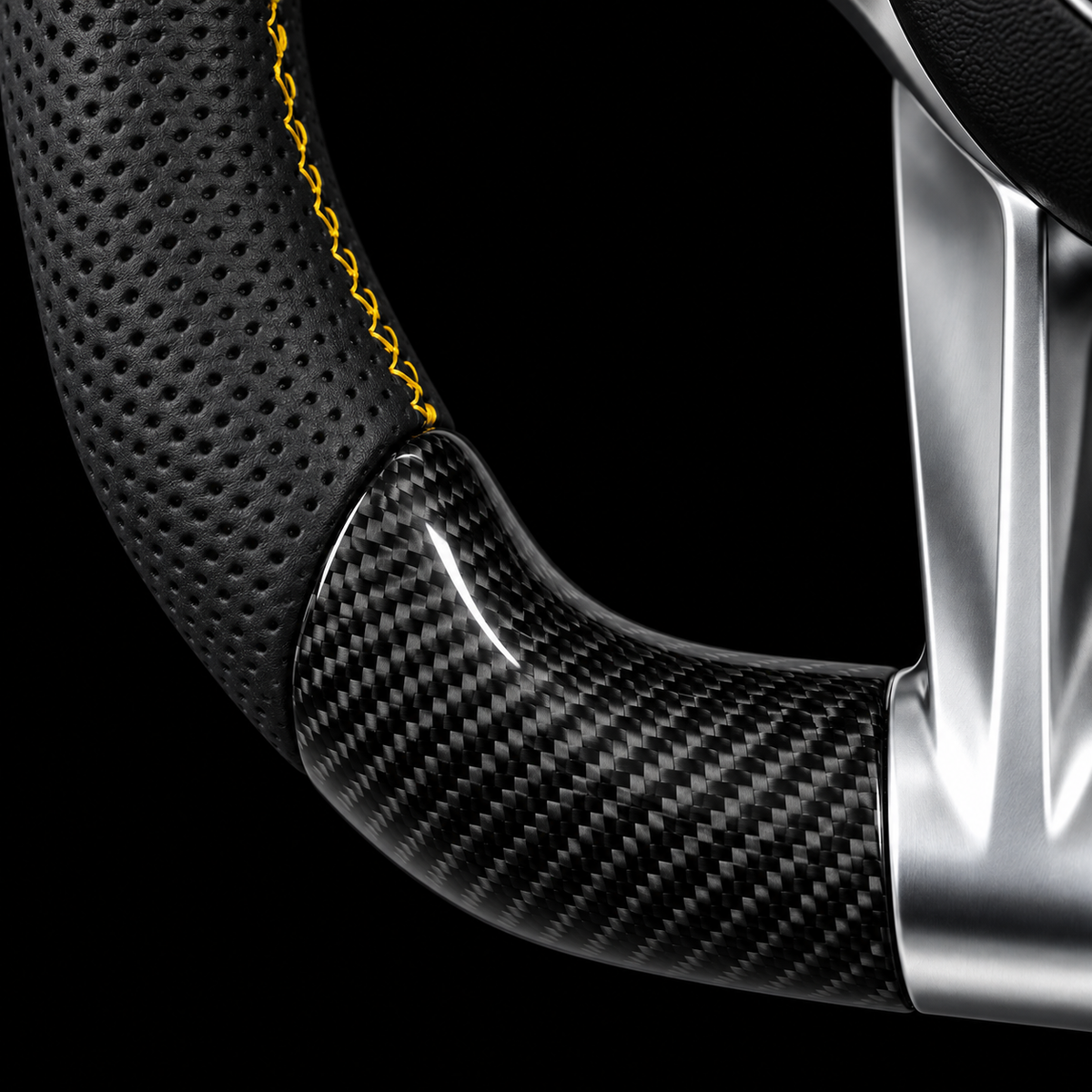 Volant Mercedes AMG — détail du cuir noir perforé, du carbone et des surpiqûres jaunes