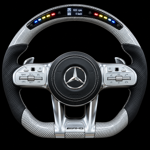 Volant Mercedes AMG Carbone Gris Argenté avec LED Intégrées