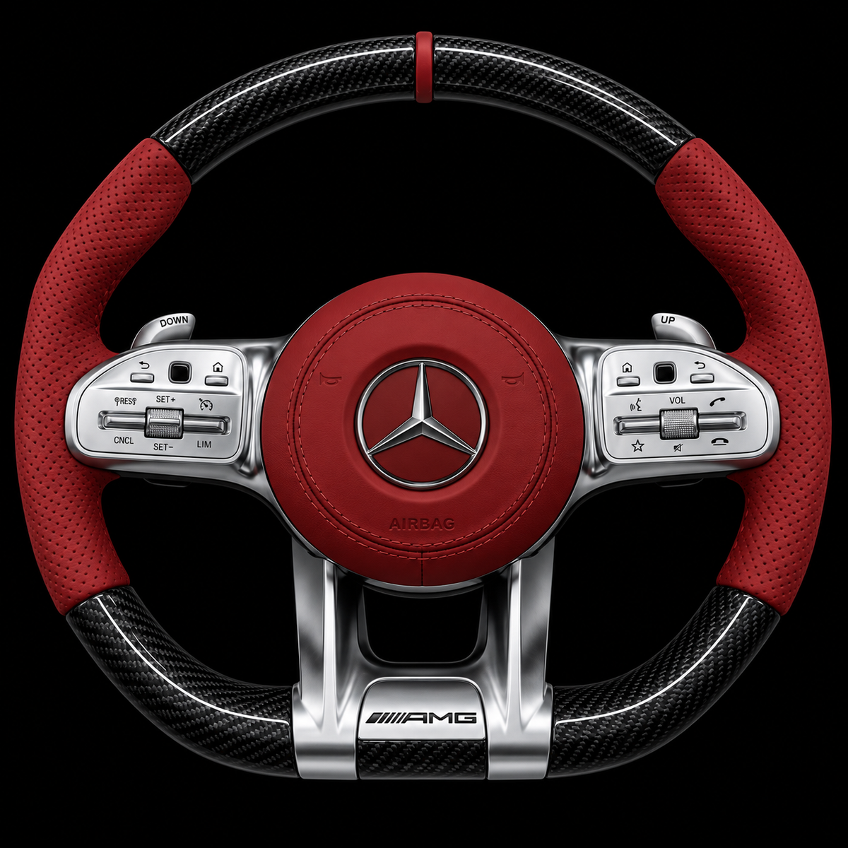 Volant Mercedes AMG en carbone noir et cuir rouge — vue de face sur fond noir