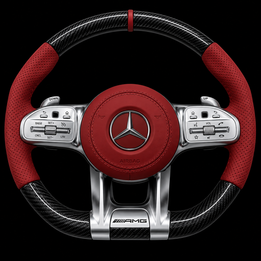 Volant Mercedes AMG en carbone noir et cuir rouge — vue de face sur fond noir