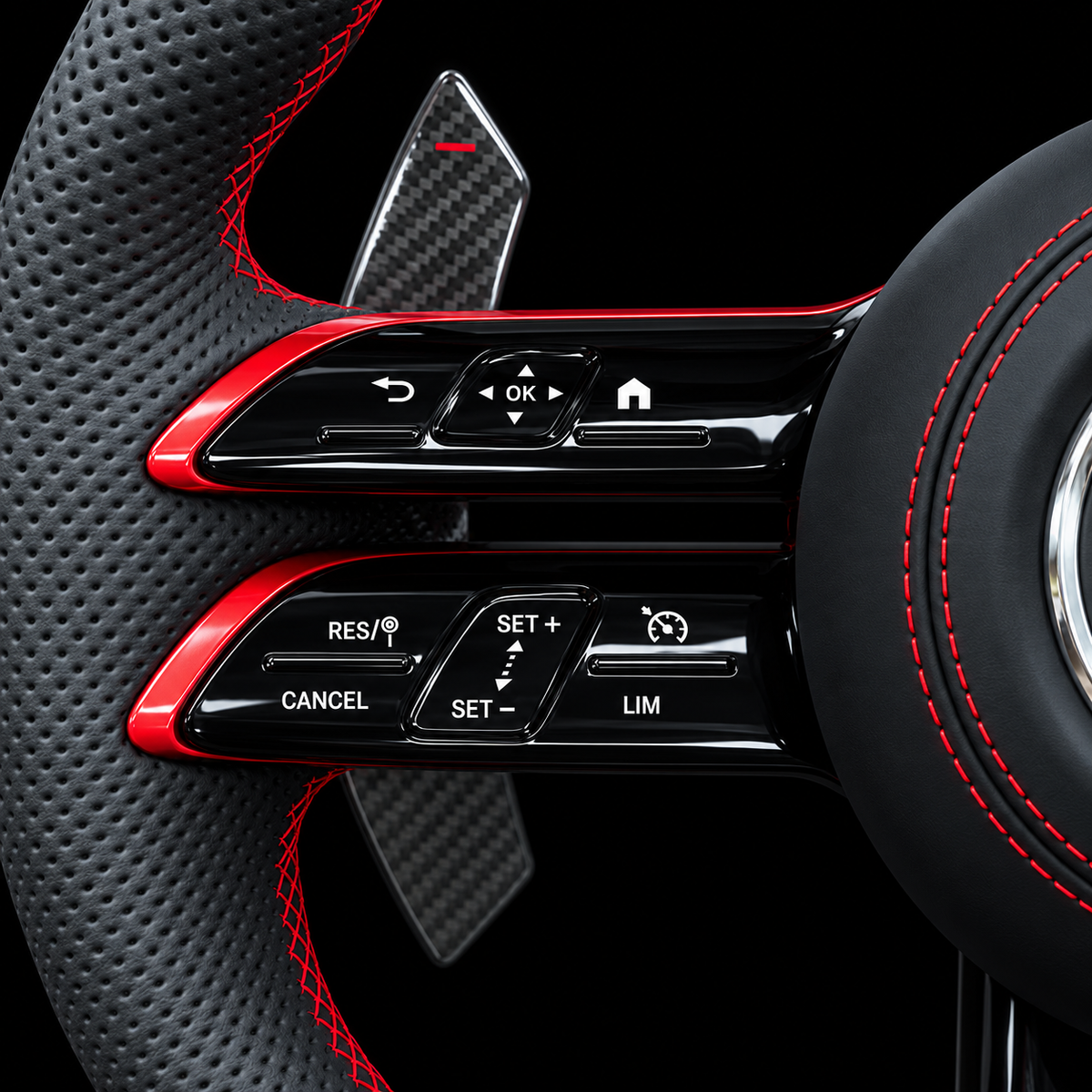 Volant Mercedes AMG finitions rouges — gros plan des commandes gauches