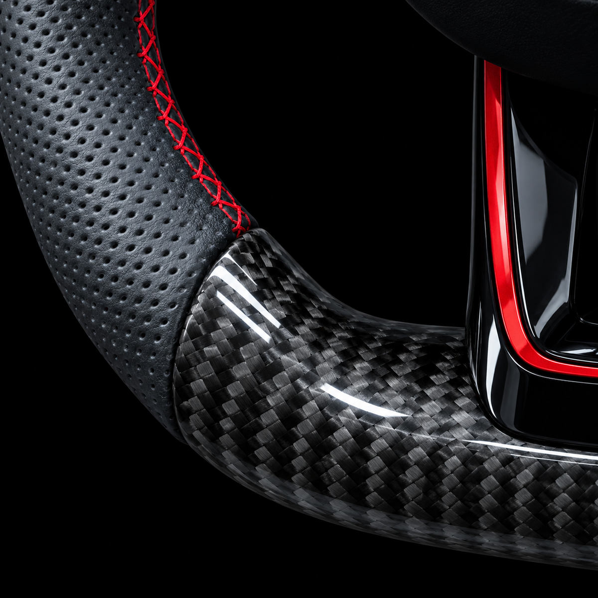 Volant Mercedes AMG — détail du cuir perforé, du carbone et des finitions rouges