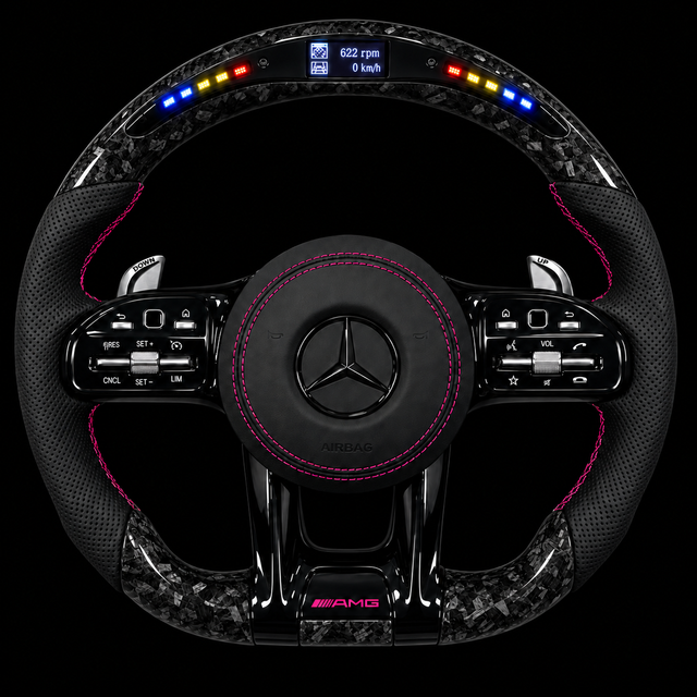 Volant Mercedes AMG Carbone Forgé & Surpiqûres Roses avec LED