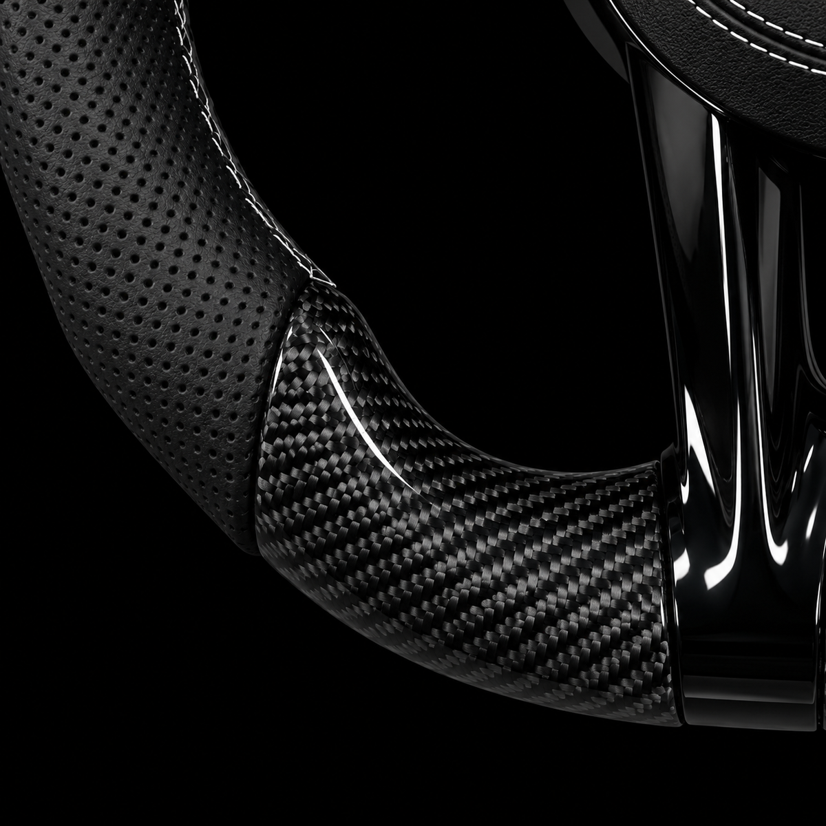 Volant Mercedes AMG avec LED — détail du carbone et du cuir noir perforé sur fond noir