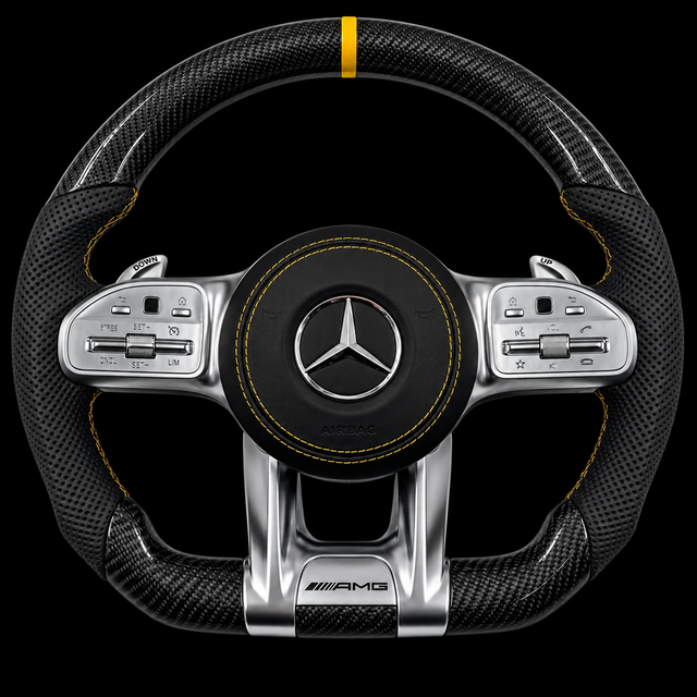 Volant Mercedes AMG Carbone Noir & Surpiqûres Jaunes
