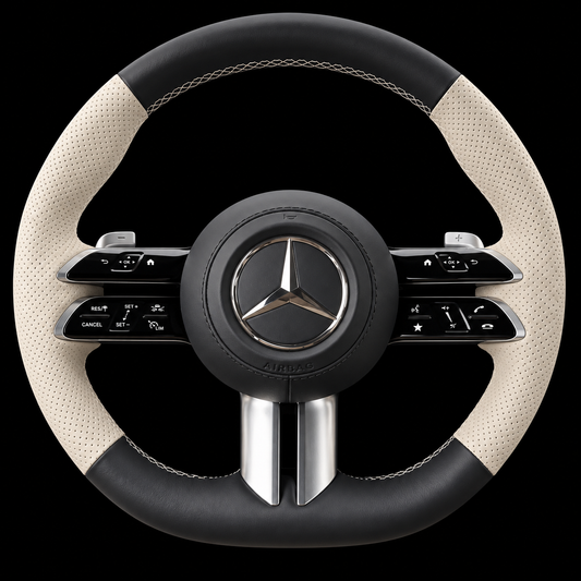 Volant Mercedes en cuir beige perforé et cuir noir — vue de face sur fond noir